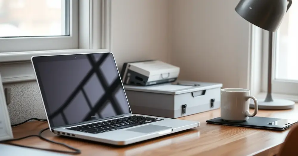 Mesa de home office com notebook fechado, caixa organizadora e caneca
