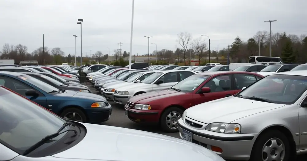 Fileira de carros usados estacionados em pátio aberto sob céu nublado